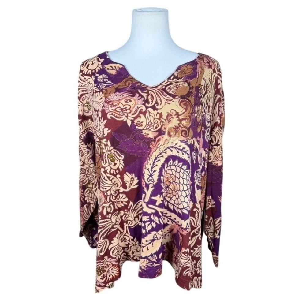 Ulla Popken Womens Size 28/30 Purple Paisley Cotton Relaxed‎ Fit V-Neck Top